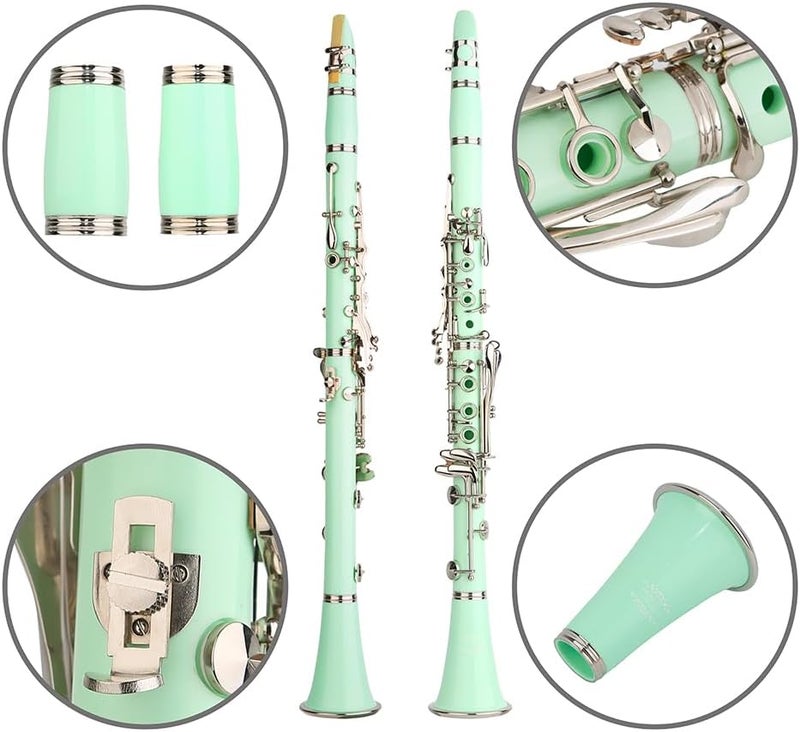 Glory GLY-CLAGN Professional Ebonite Bb Clarinet with 10 Reeds, Stand, Hard Case, Cleaning Cloth, Mouthpiece Brush and Pad Brush,Green - Image 2